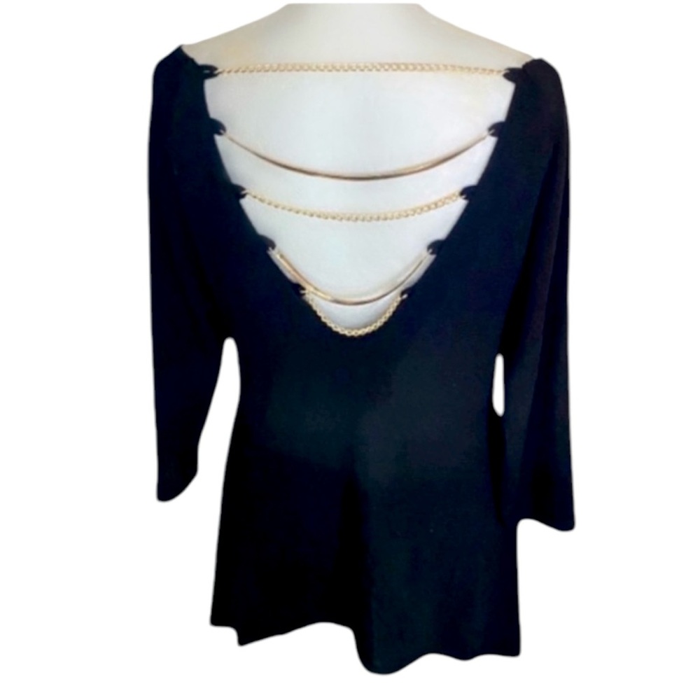 Vintage 90s Y2K Caché Black 3/4 Sleeve Top w/ Gold Chain Draped Back size small